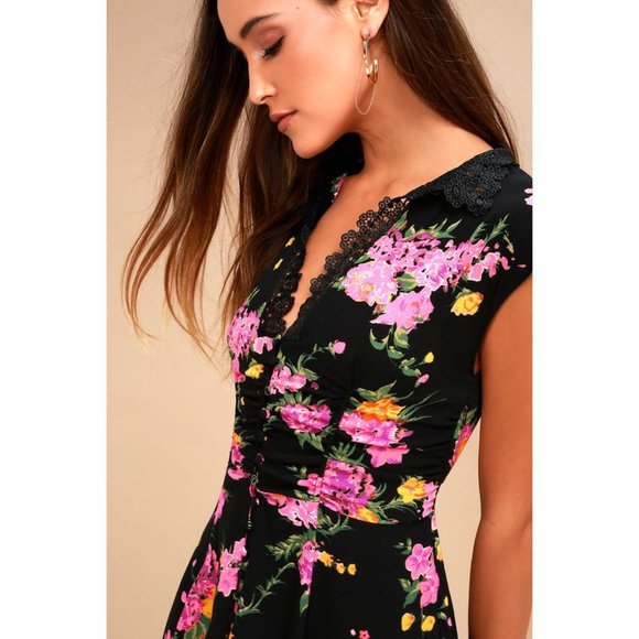 FREE PEOPLE Alora Black Floral Print Mini Dress sz 4 Women's Minidress - Picture 12 of 16
